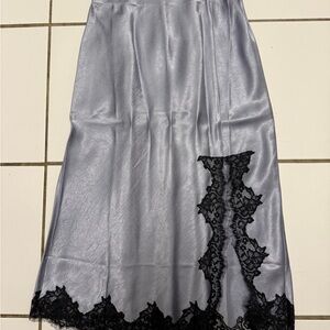 J Crew Elegant Silver Satin Skirt with Black Lace Trim